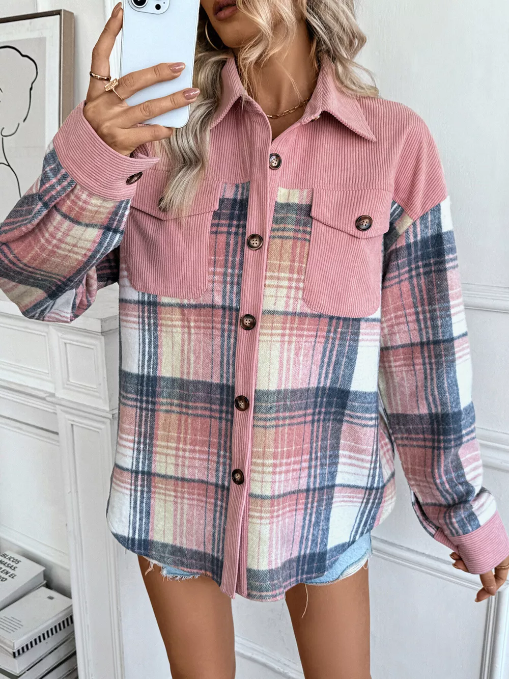 Plaid Button-Up Shacket with Chest Pockets, image 7