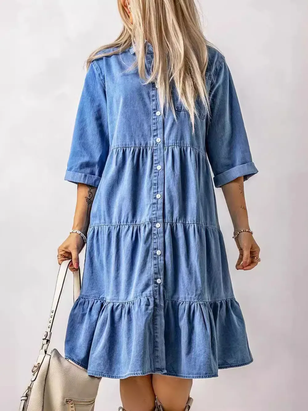 Full Size Ruffled Hem Button Up Denim Midi Dress Plus Size, image 2