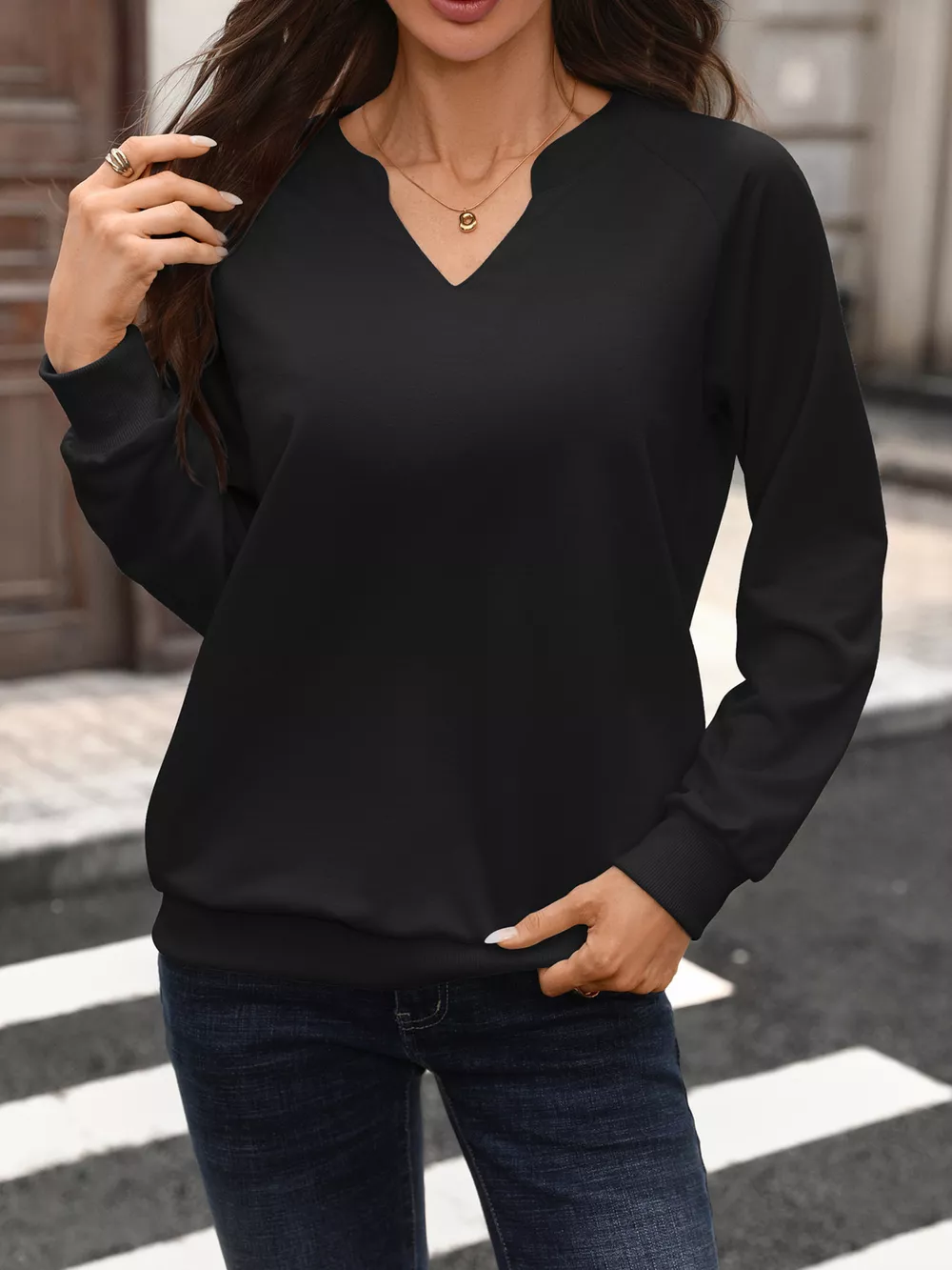 Notched Raglan Sleeve Sweatshirt, image 2