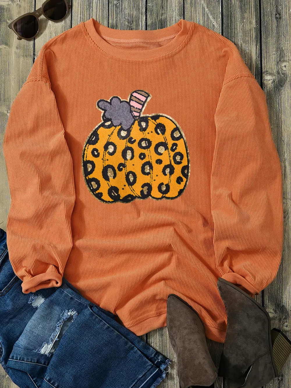 Halloween Leopard Pumpkin Patchwork Ribbed Sweatshirt, image 5