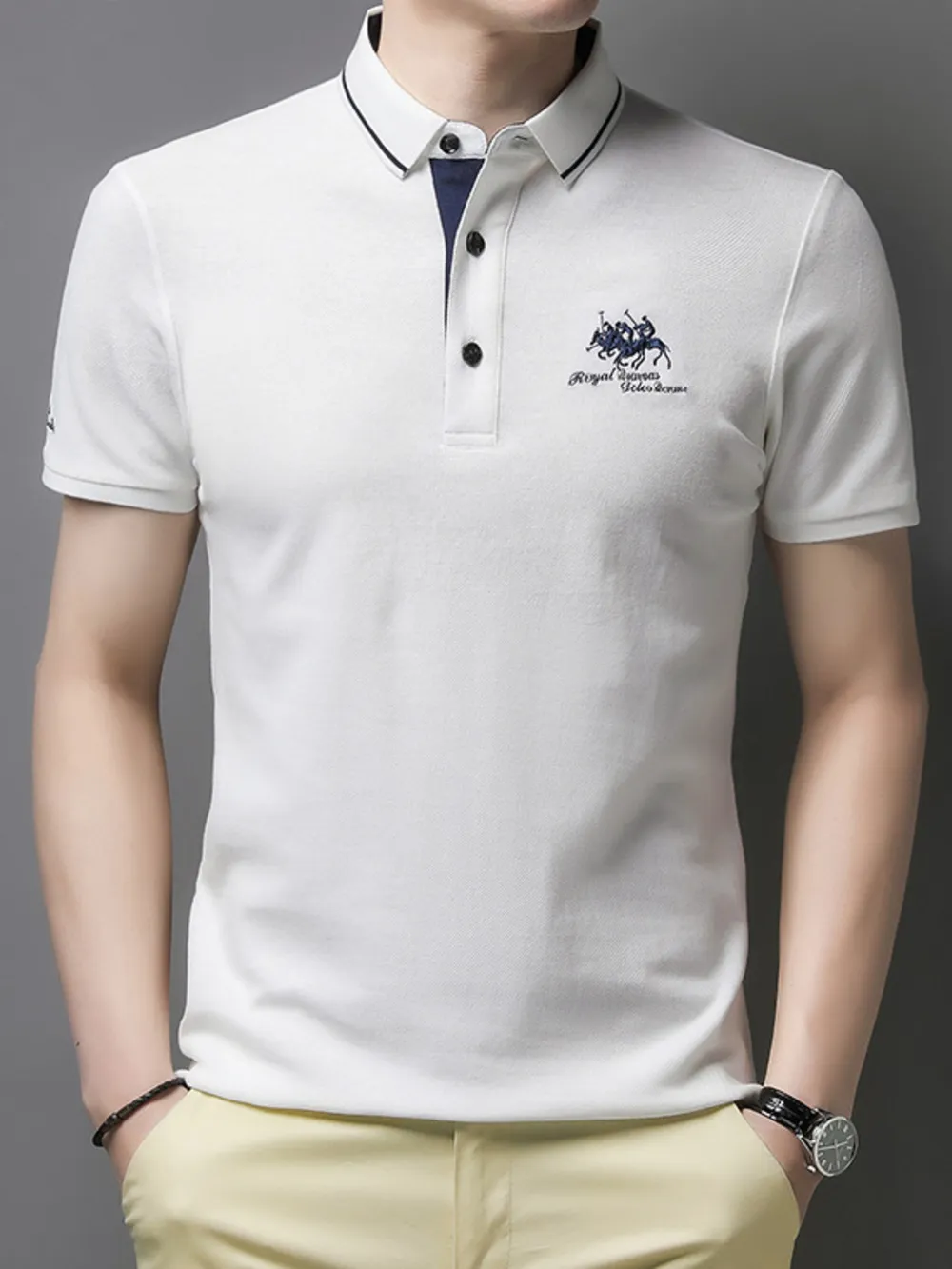 Men's Plus Size Embroidered Short Sleeve Contrast Polo, image 6