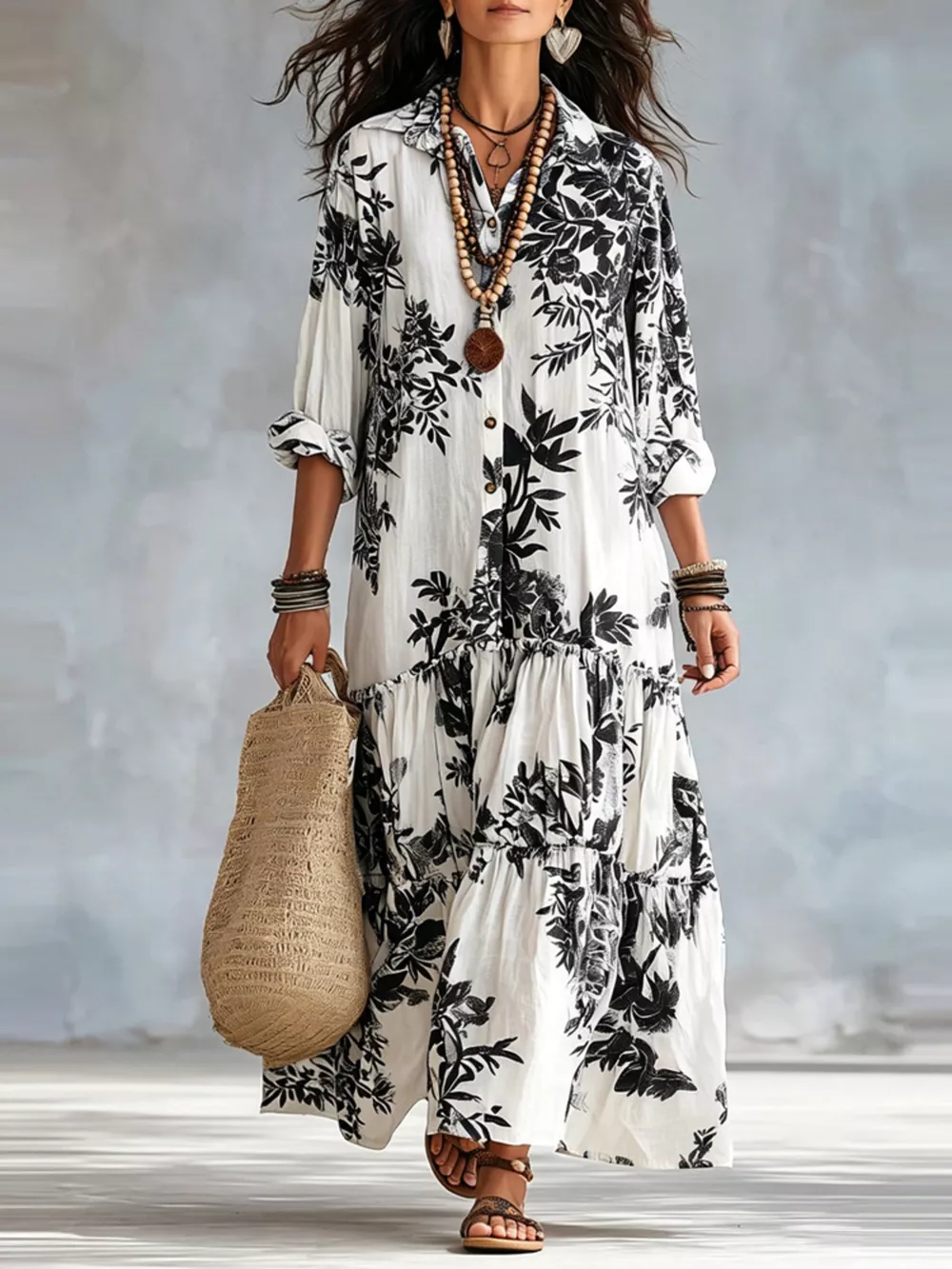 Printed Button Front Maxi Dress