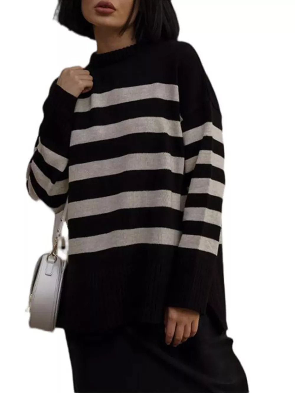 Side Slit Striped Oversized Knit Sweater, image 8