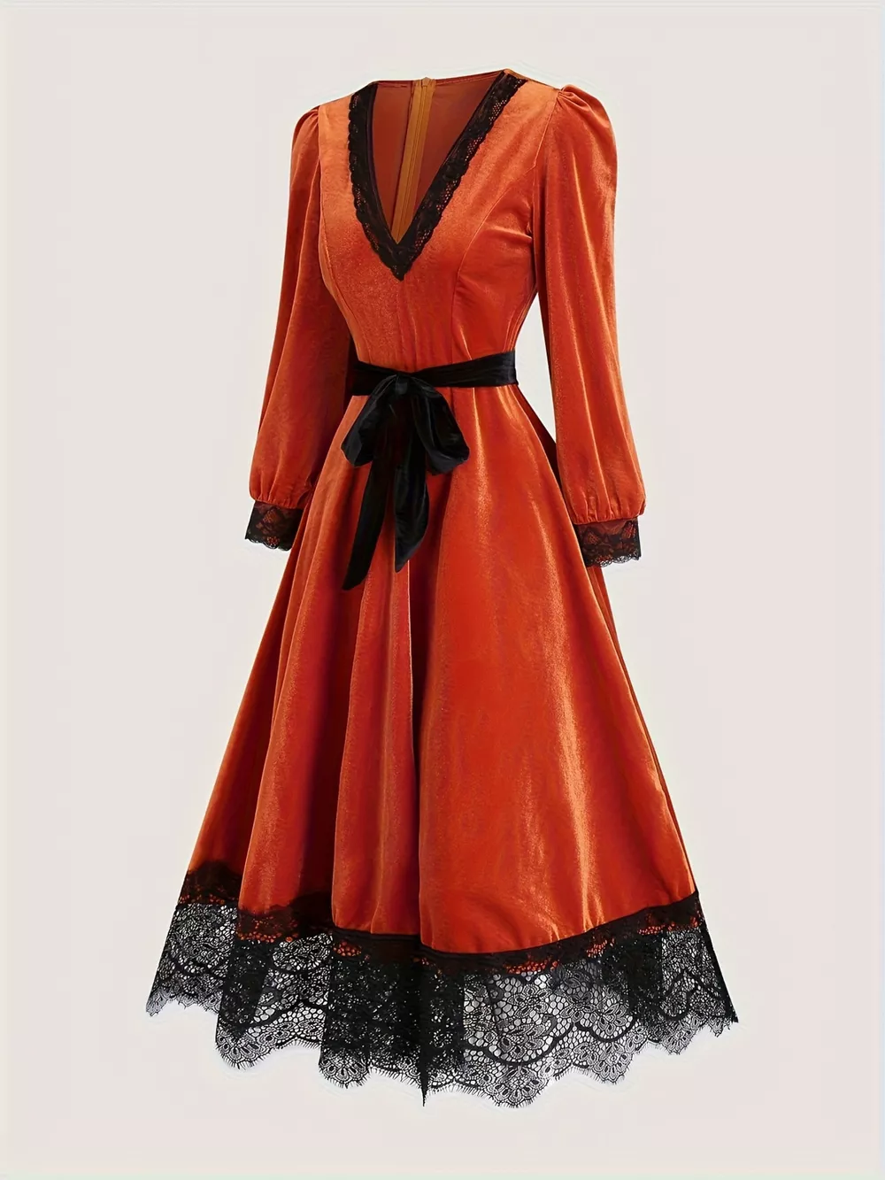 Velvet V-Neck Lace Trim Midi Dress with Waist Tie, image 2