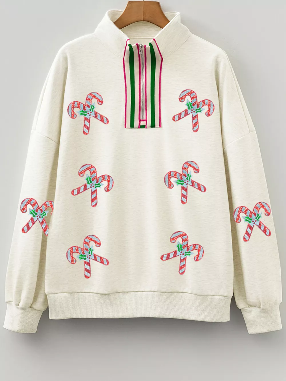 Sequin Candy Canes Contrast Collar Patchwork Loose Sweatshirt, image 2