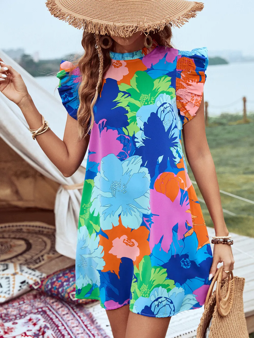 Printed Ruffled Cap Sleeve Mini Dress, image 4
