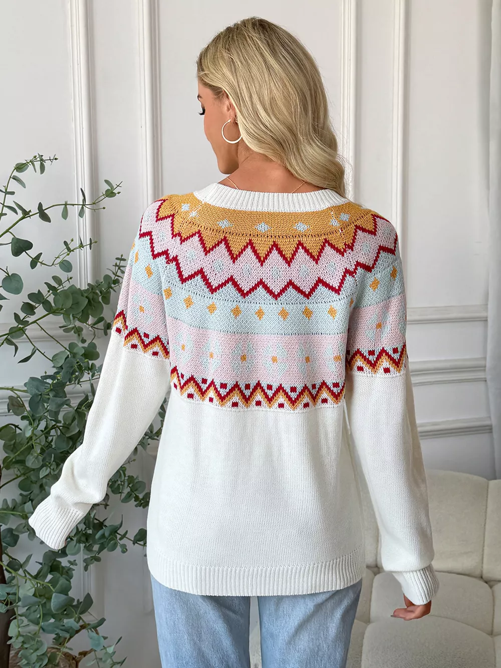 Geometric Round Neck Long Sleeve Sweater, image 6