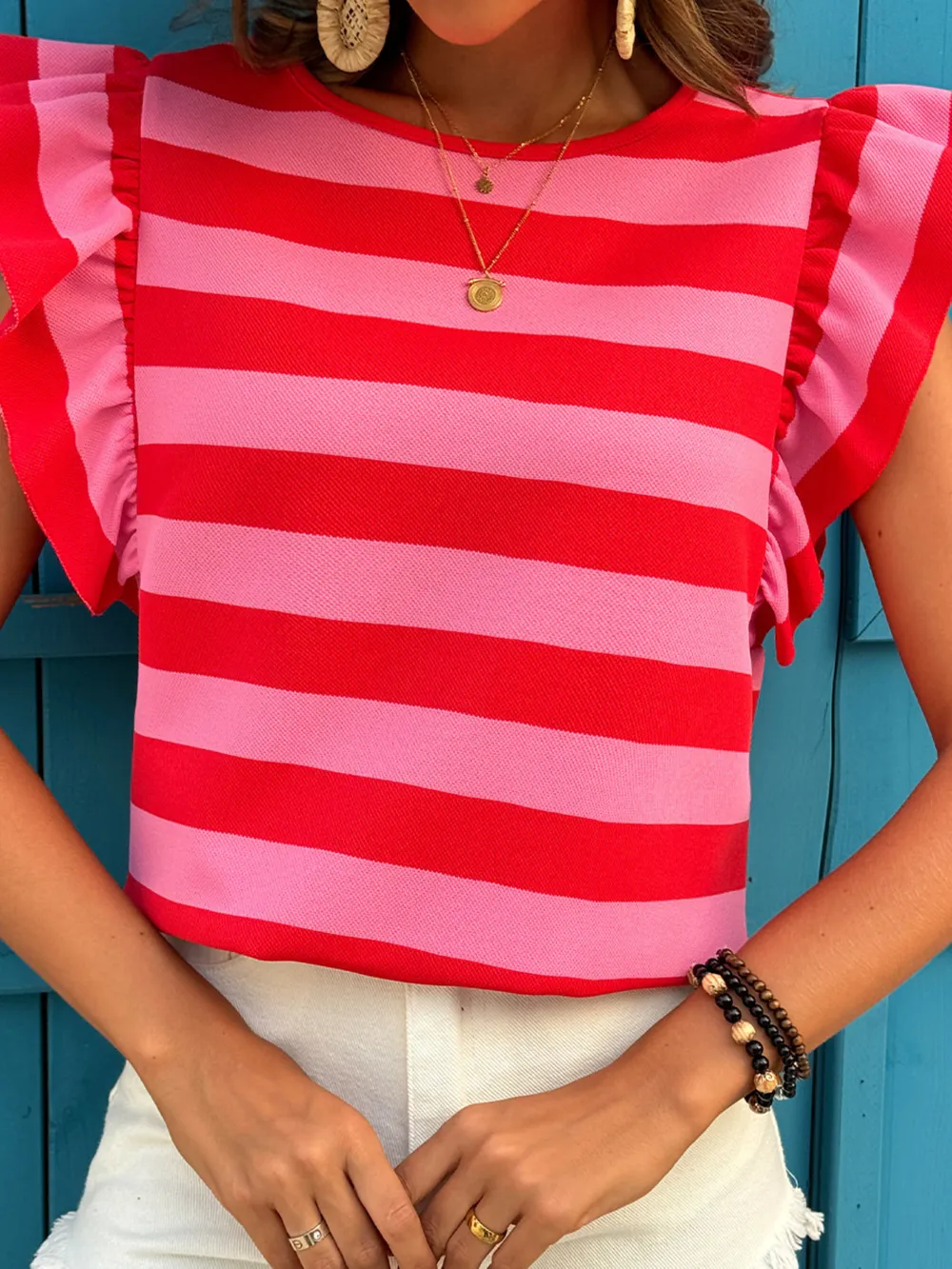 Contrast Striped Ruffle Sleeve T-Shirt, image 3