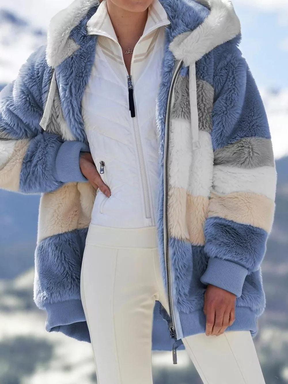 Full Size Fuzzy Zip Up Hooded Outerwear Plus Size, image 9