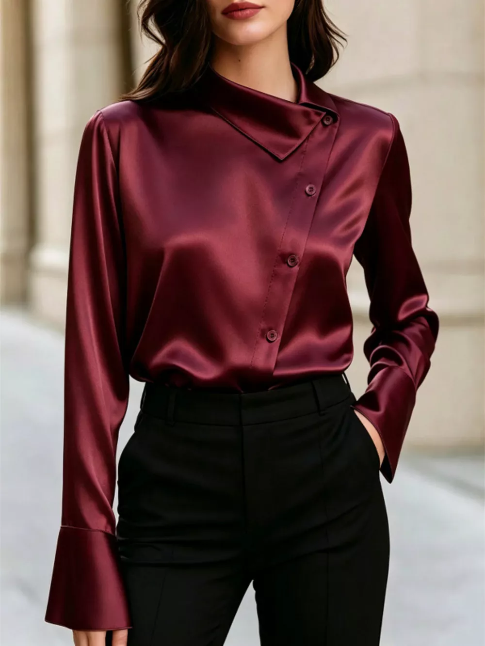 Asymmetric Collar Satin Blouse, image 7