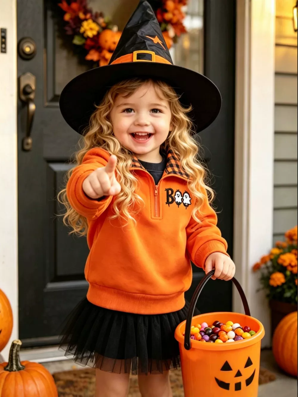 Children's Pumpkin Quarter-Zip Plaid Collar Sweatshirt, image 4