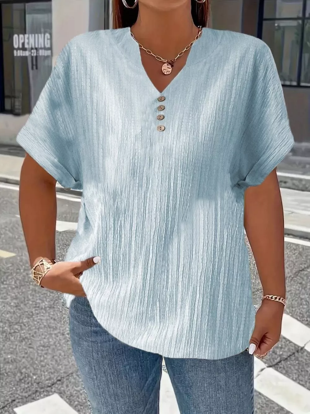 Plus Size Notched Short Sleeve Textured Top, image 19