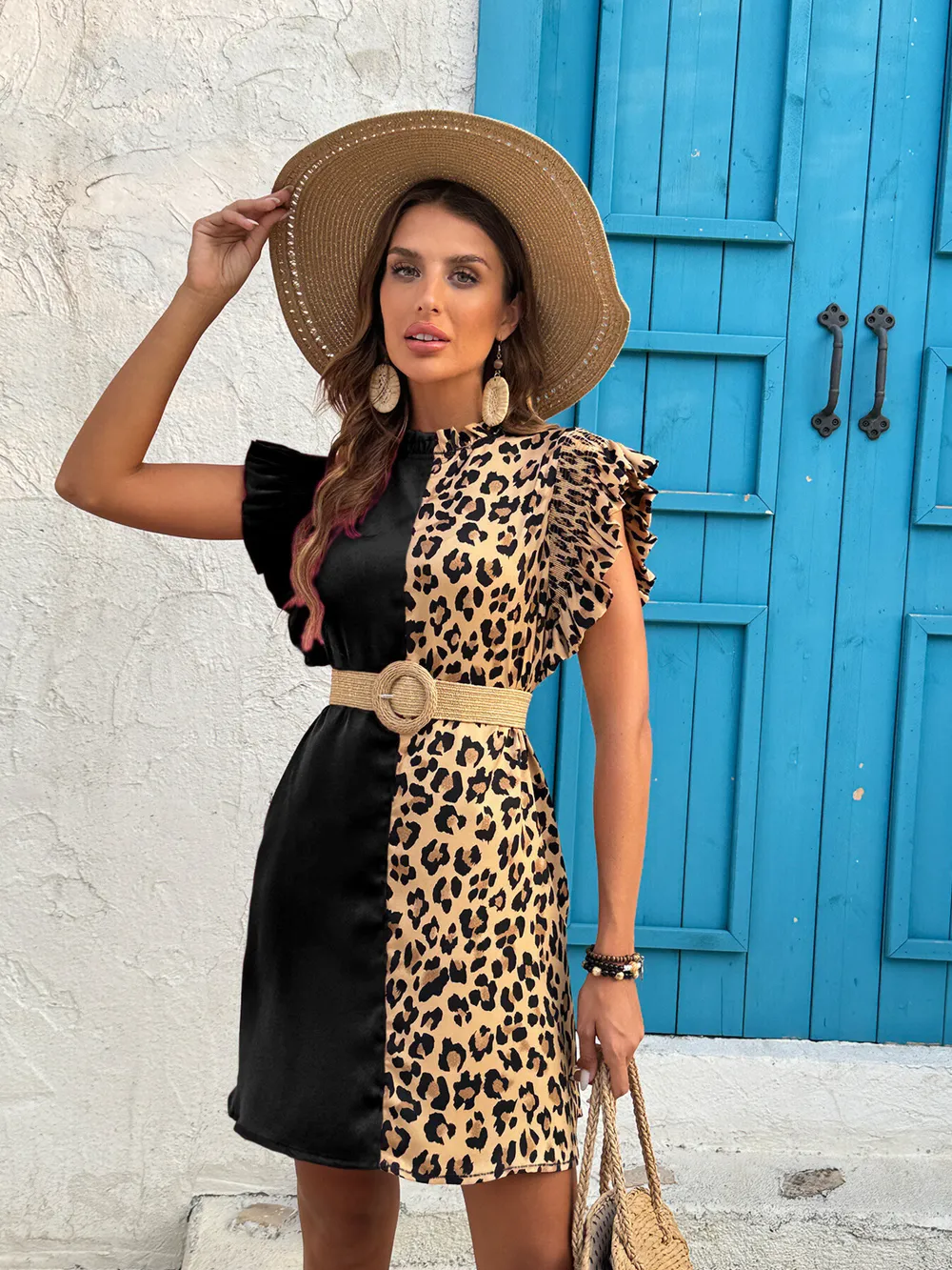 Leopard Color Block Ruffle Sleeve Dress, image 3
