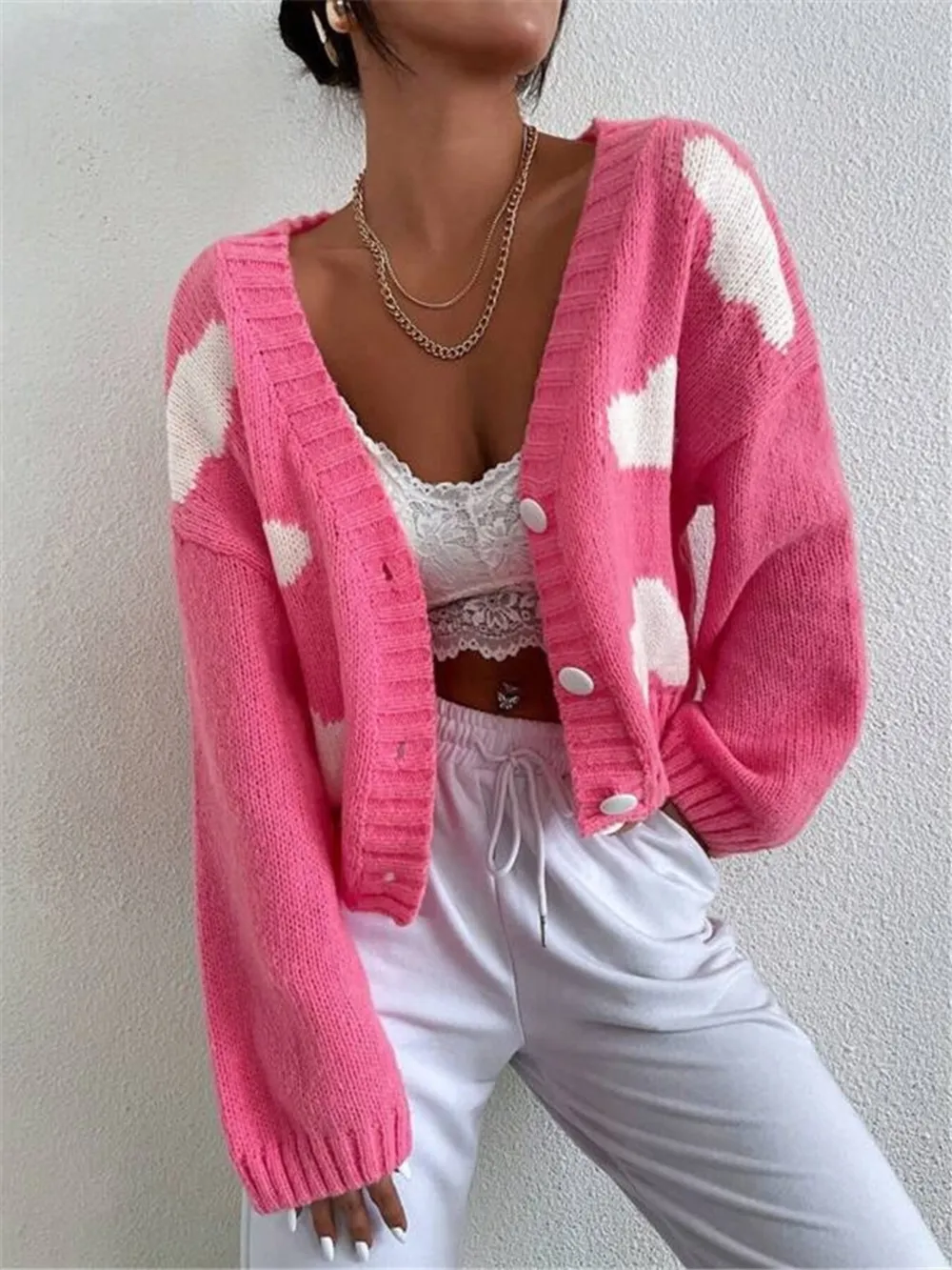 Contrast Cloud Pattern Cropped Button-Up Cardigan, image 6
