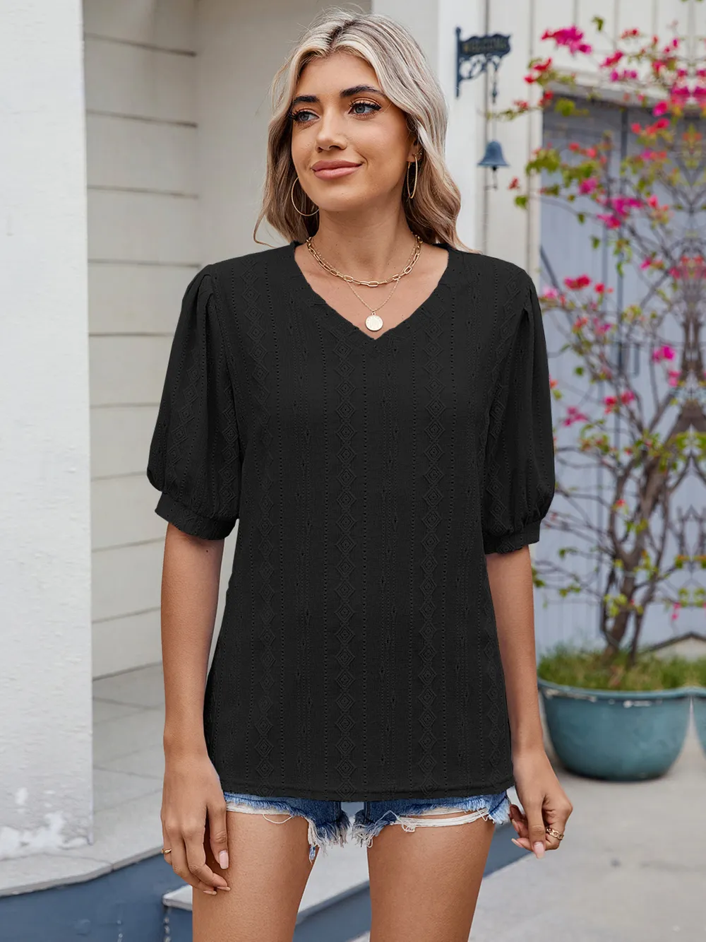 Eyelet V-Neck Puff Sleeve Casual Top, image 7