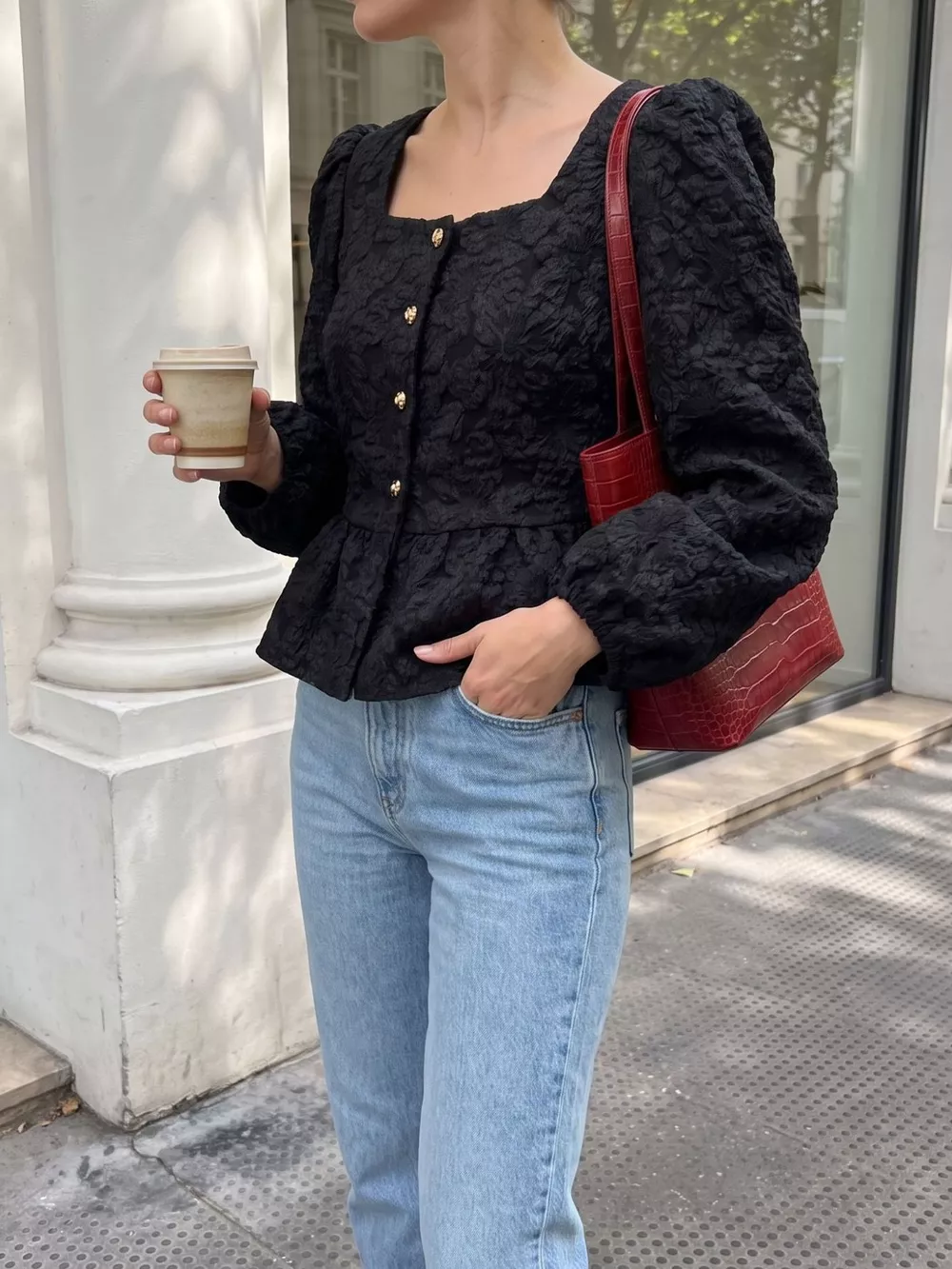Square Neck Textured Peplum Blouse, image 9