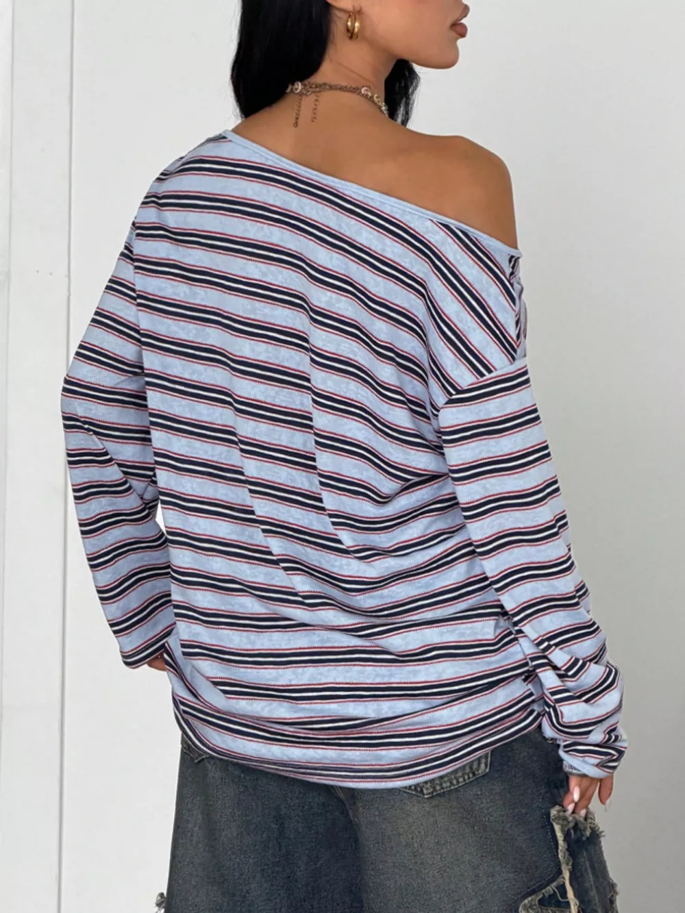 Off-Shoulder Striped Long Sleeve T-Shirt, image 10