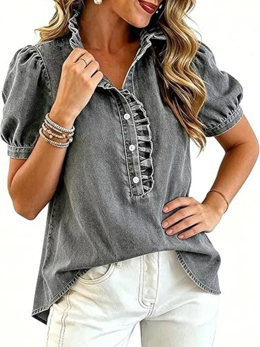 Frill Puff Sleeve Denim Top, image 6