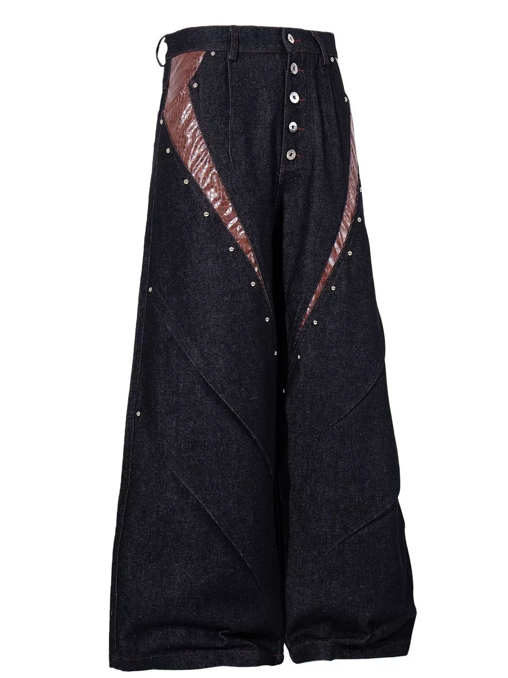 Men's Contrast Faux Leather Paneling Button Fly Jeans, image 2