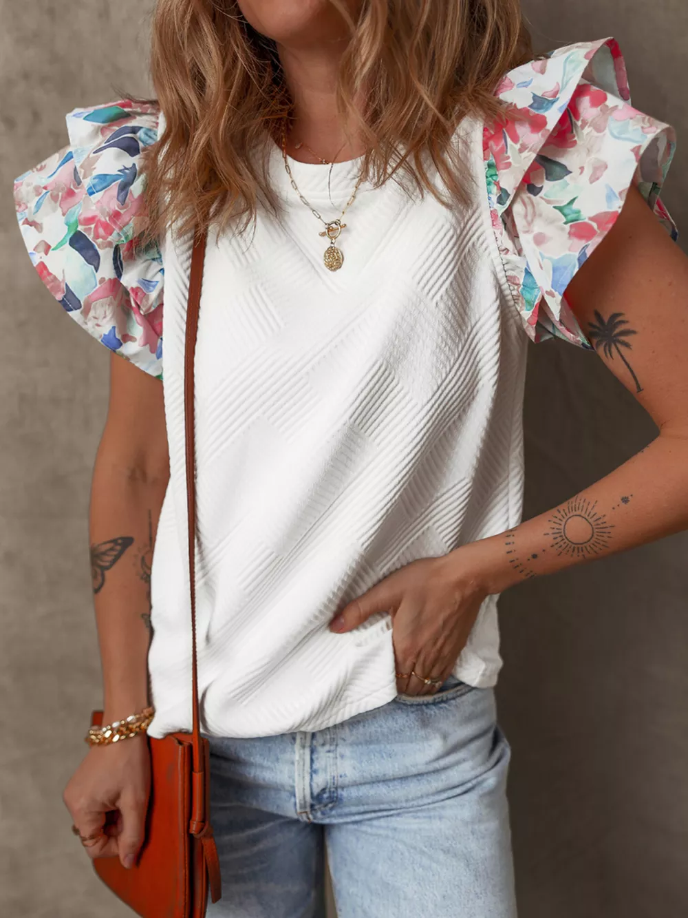 Abstract Print Tiered Ruffled Sleeve Textured Knit Top, image 4