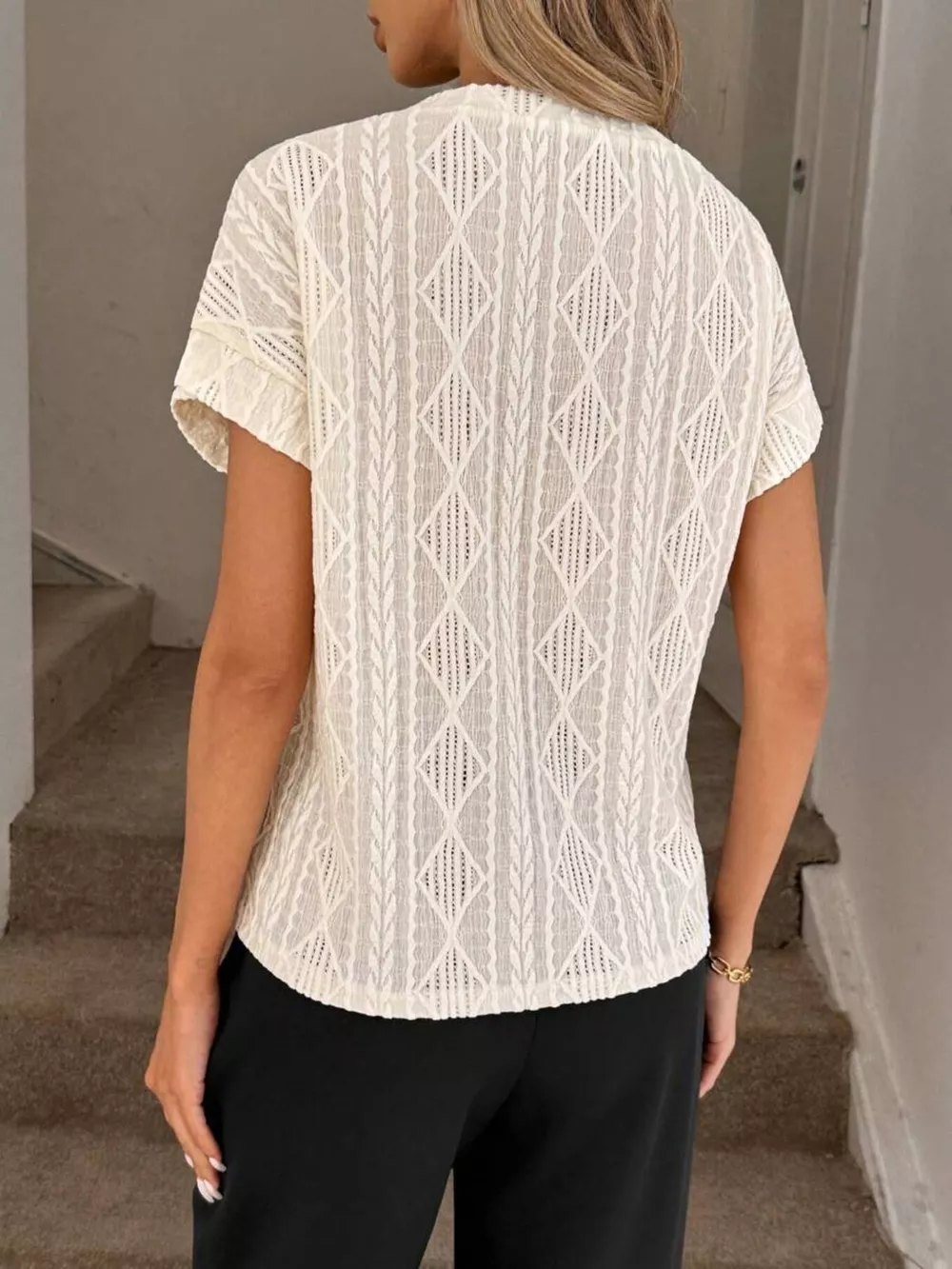 Diamond Pattern Round Neck Top, image 2