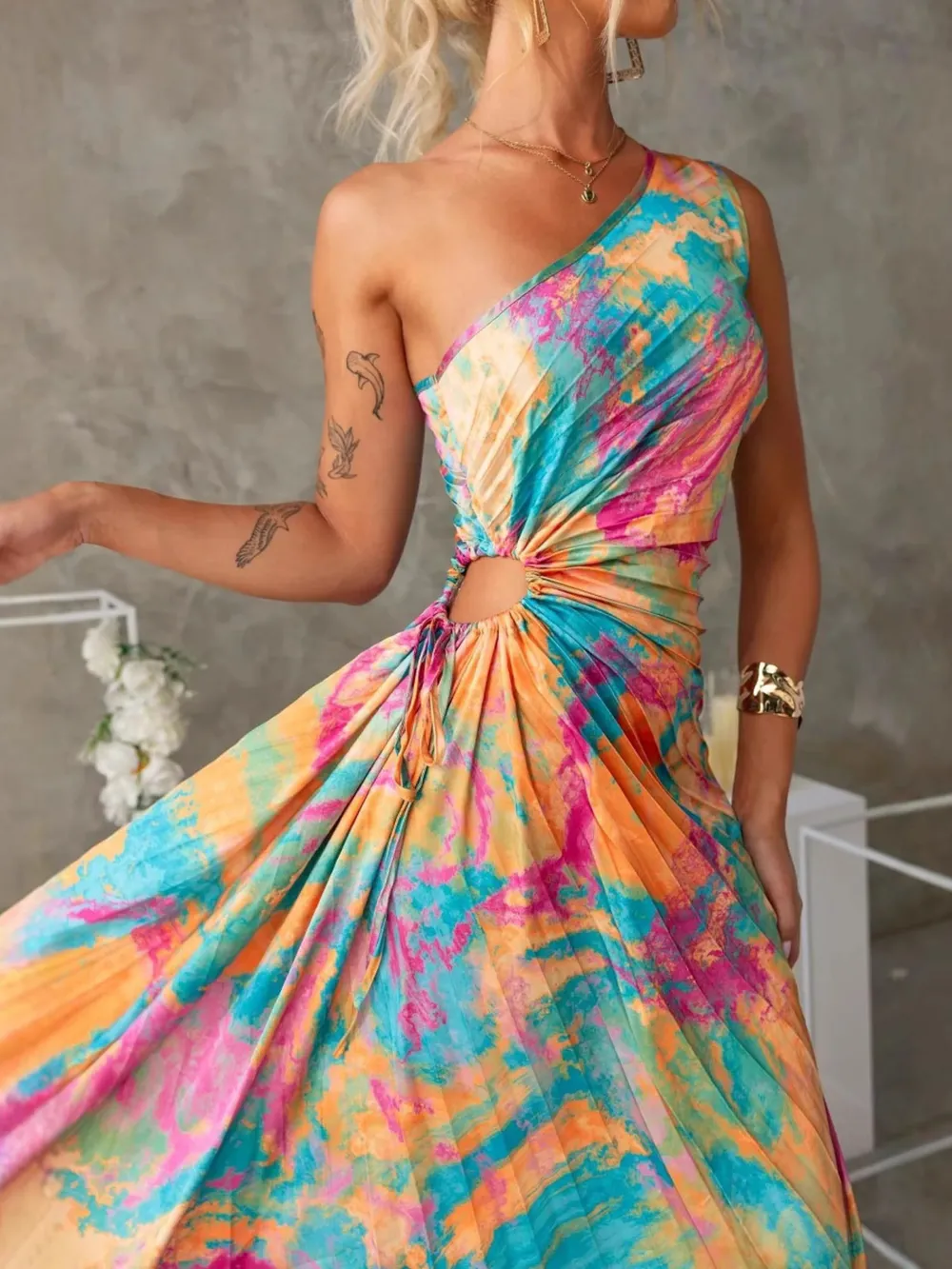 Printed One Shoulder Asymmetrical Maxi Dress, image 3