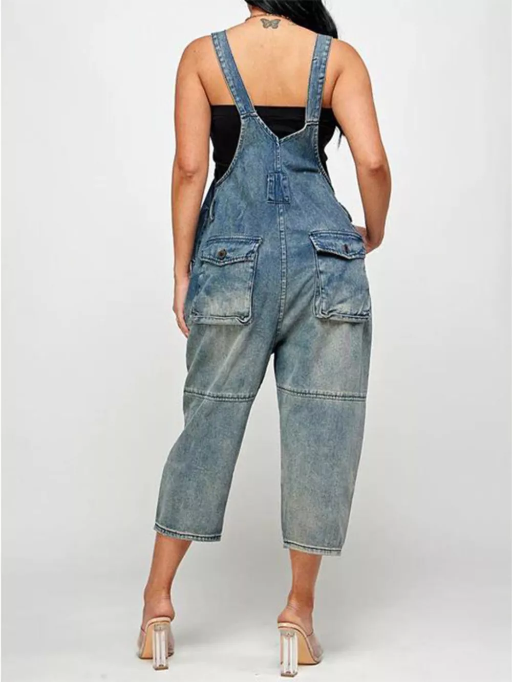 Full Size Button Front Denim Overalls with Pockets Plus Size, image 3