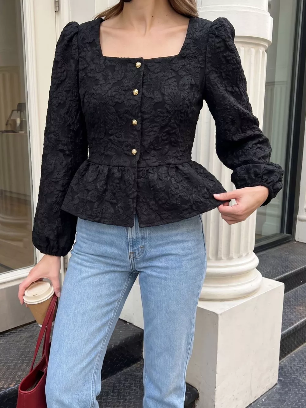 Square Neck Textured Peplum Blouse, image 10