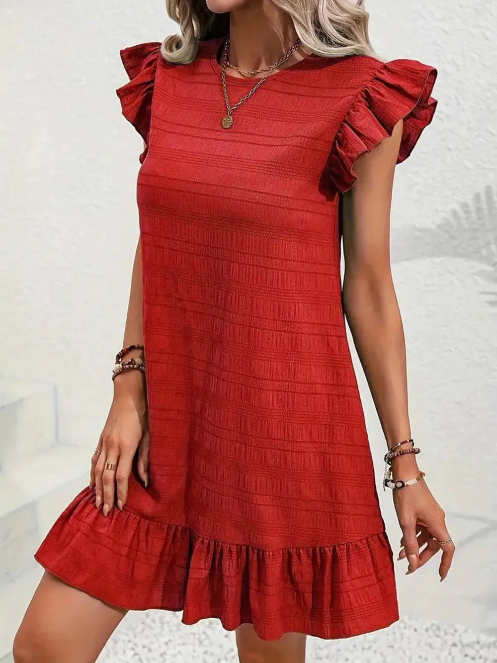 Full Size Ruffled Flutter Sleeve Textured Mini Dress Plus Size, image 7