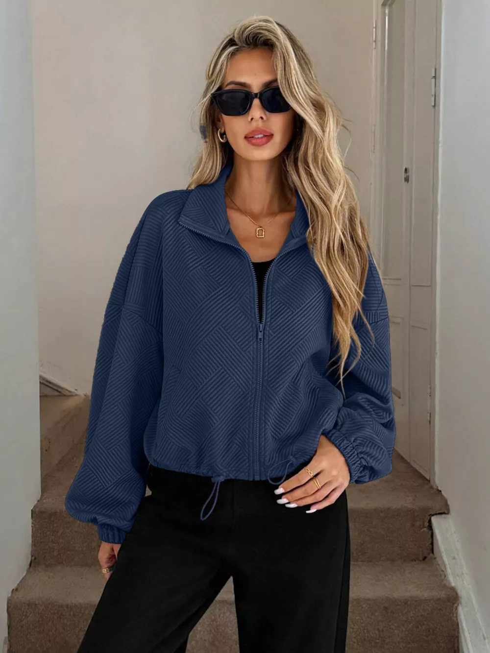 Drawstring Hem Textured Long Sleeve Jacket, image 5