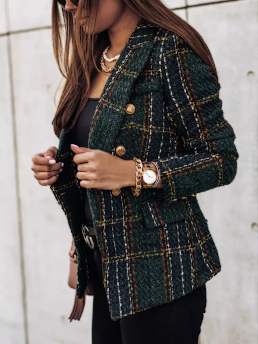 Full Size Plaid Tweed Double-Breasted Blazer Plus Size, image 8