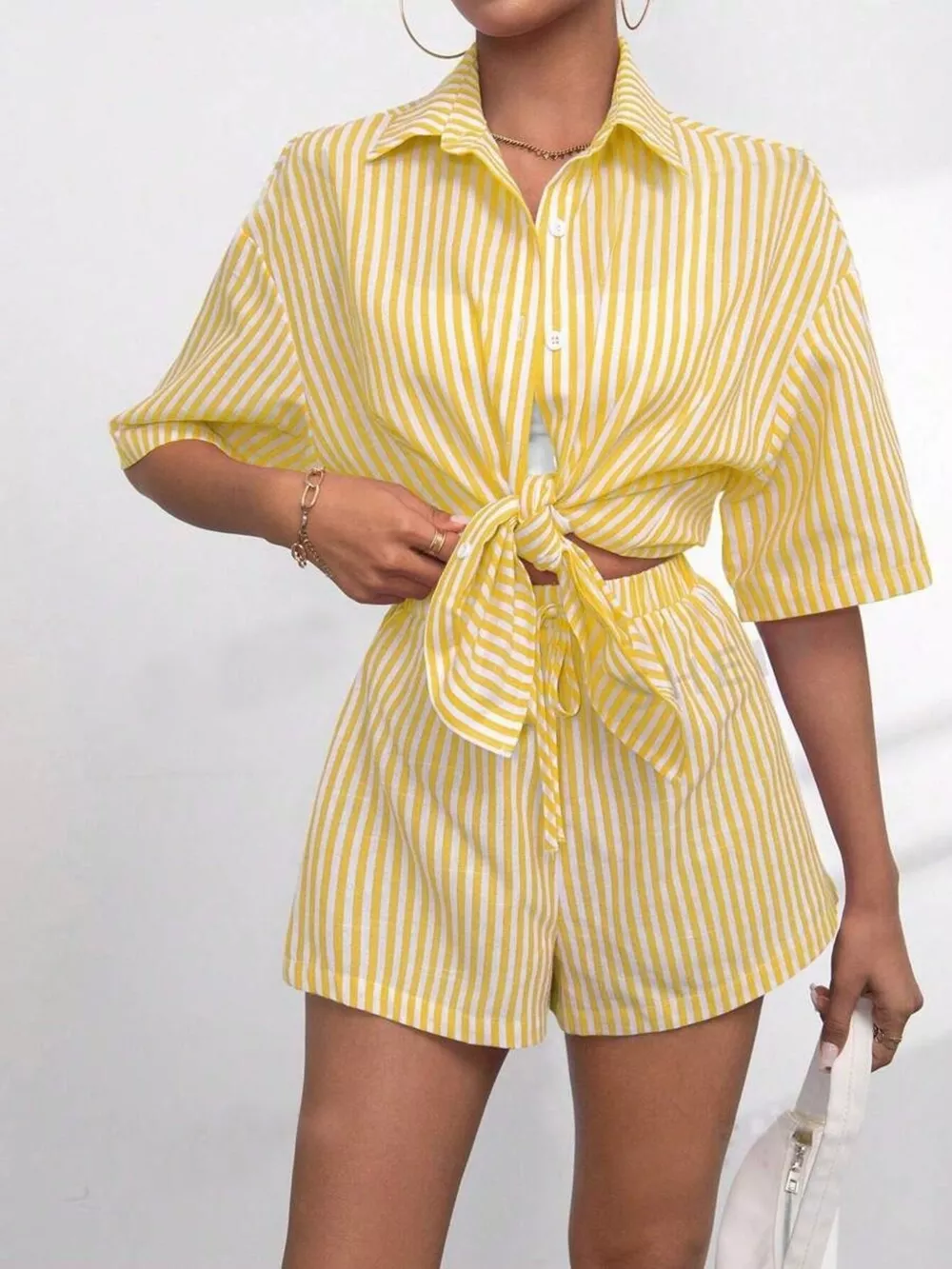 Striped Button Up Shirt and Shorts Casual Set, image 10