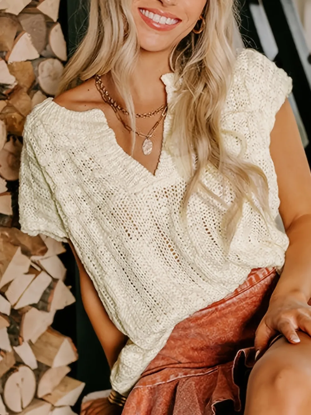 Notched Short Sleeve Sweater, image 2