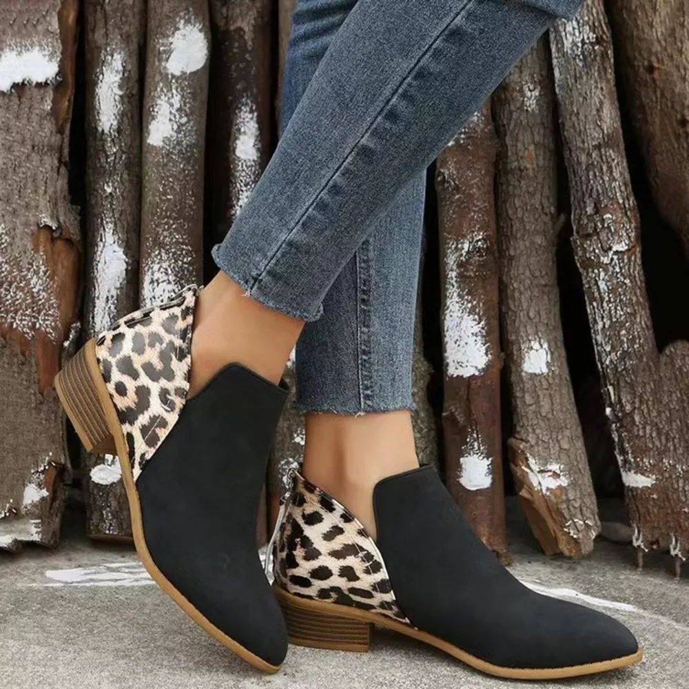 Leopard Point Toe Block Heels Boots, image 2