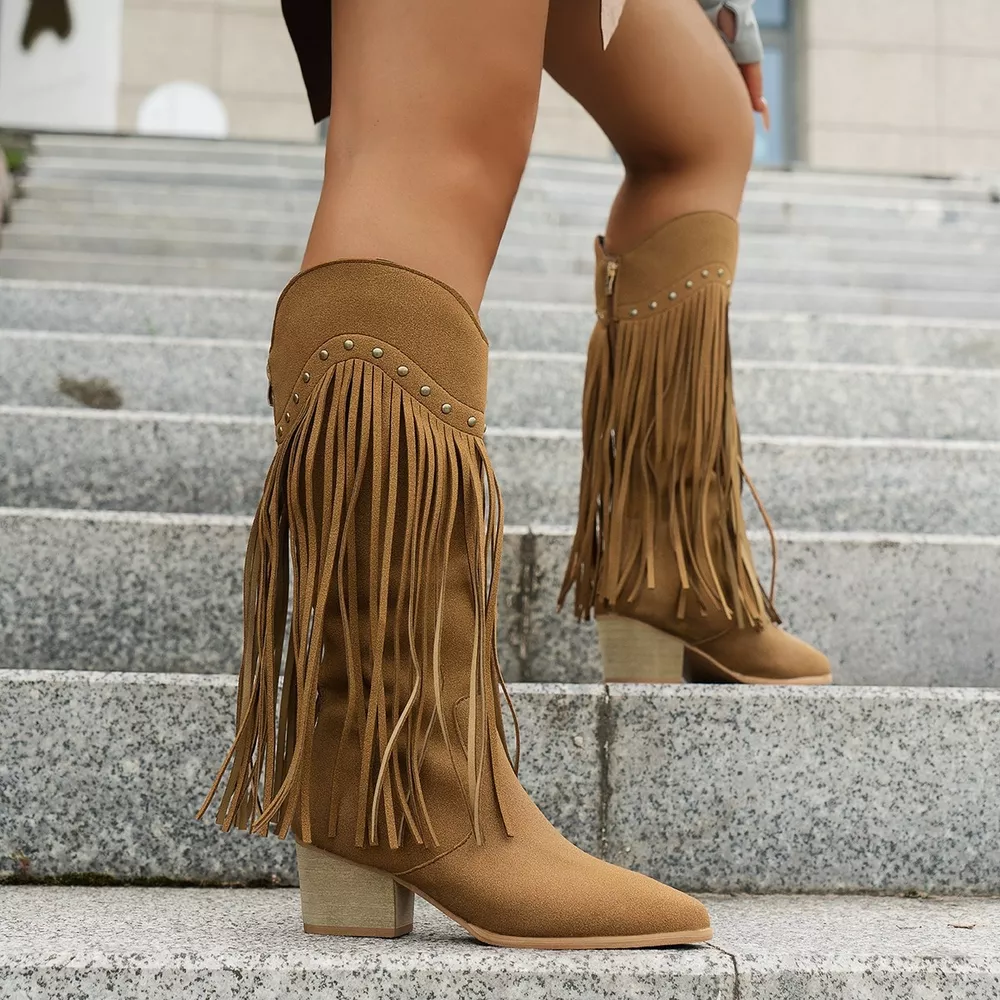 Fringe Point Toe Block Heels Boots, image 4