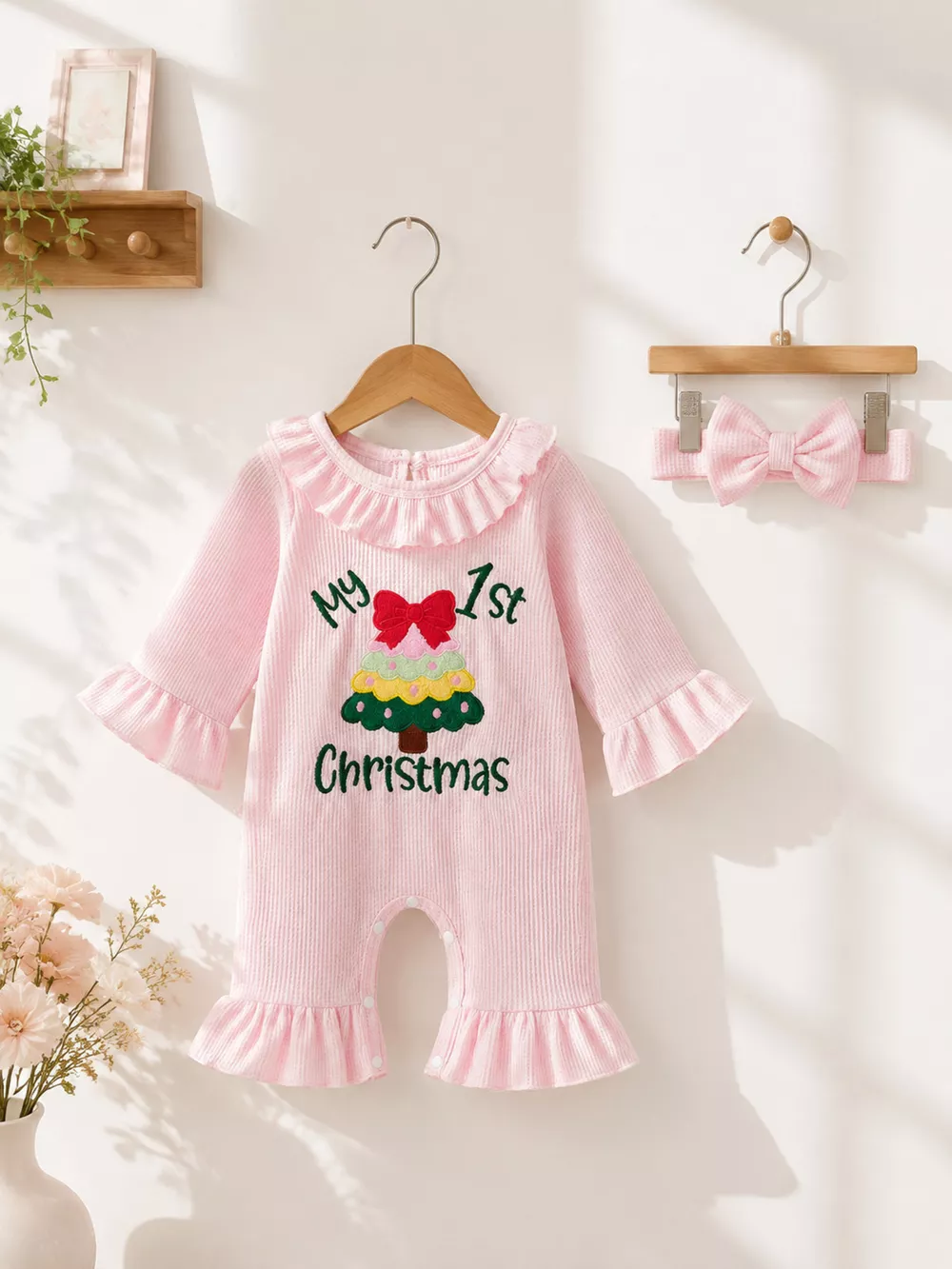 Children's 'My 1st Christmas' Ribbed Ruffle Jumpsuit and Headband Set, image 3