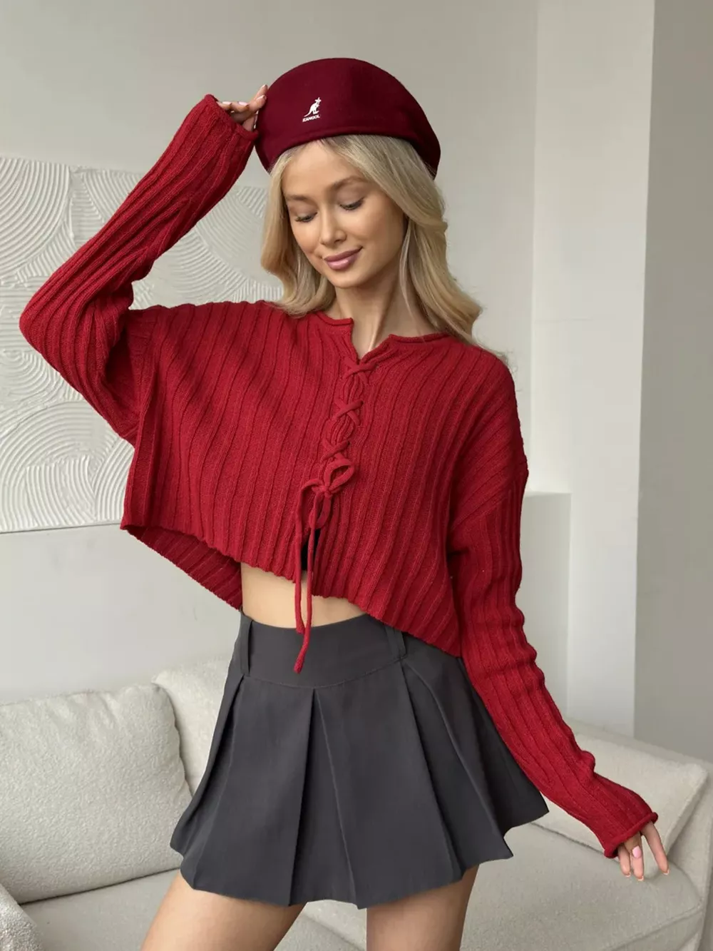 Ribbed Lace-Up Crop Sweater, image 11