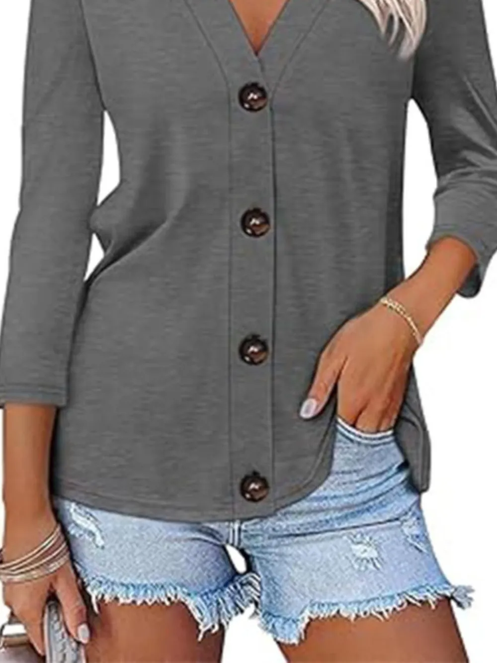 V-Neck Button Front Casual Top, image 3