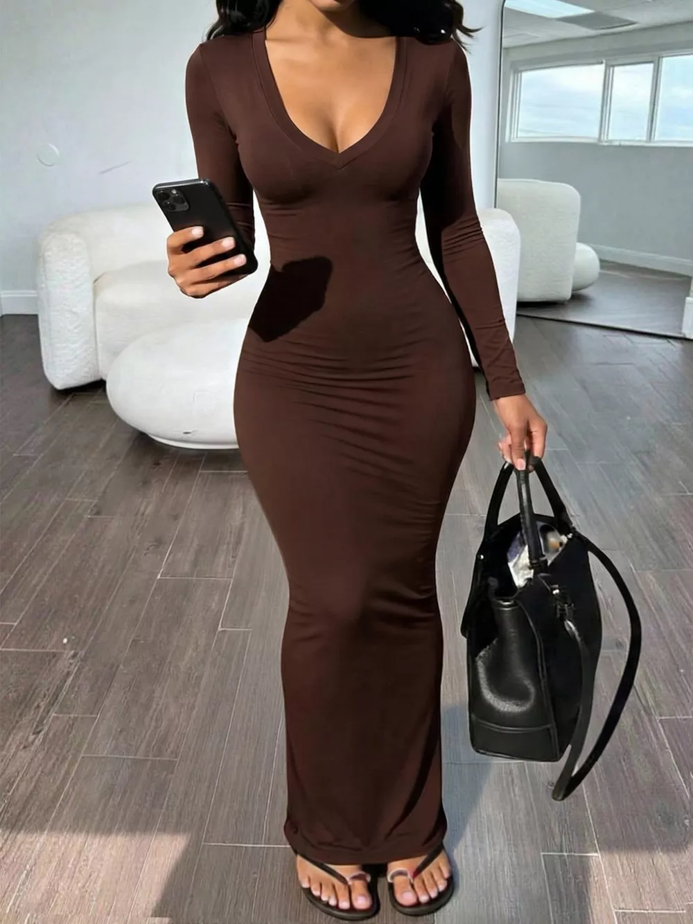 Long Sleeve V-Neck Ruched Maxi Dress, image 2