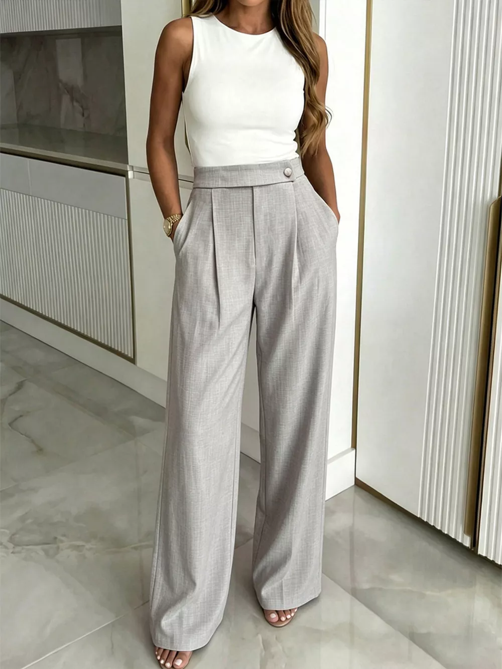 High-Waisted Wide-Leg Pleated Pants, image 2