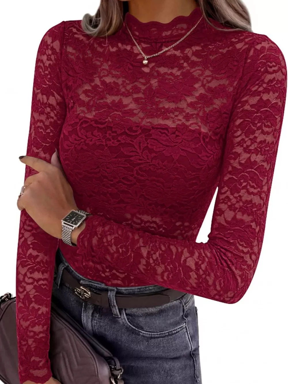 Mock Neck Floral Lace Long Sleeve Blouse, image 7
