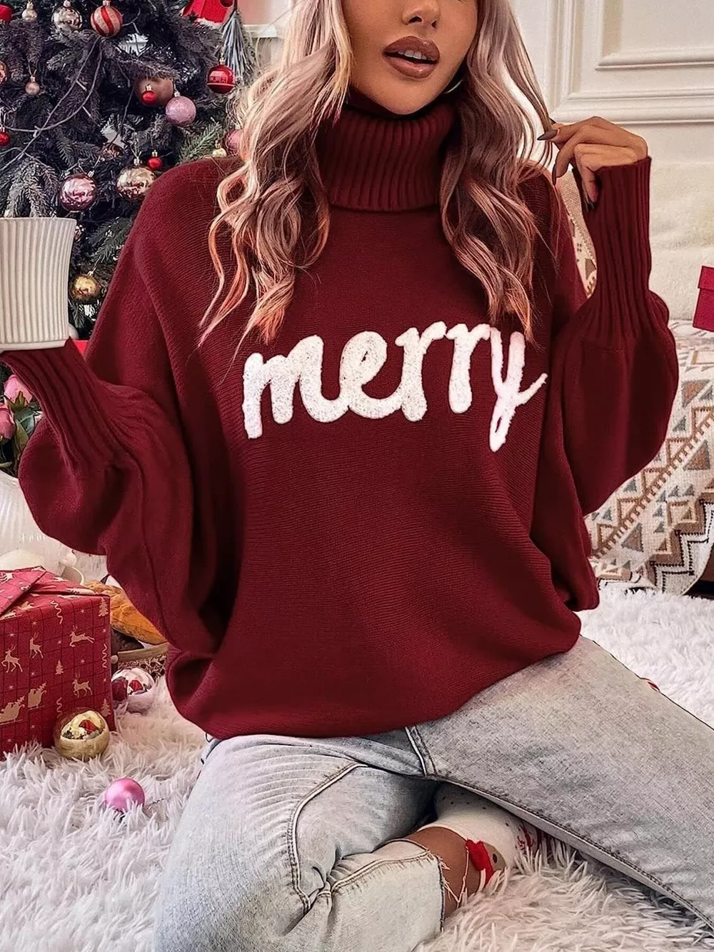 Merry Turtleneck Long Sleeve Christmas Sweater, image 2