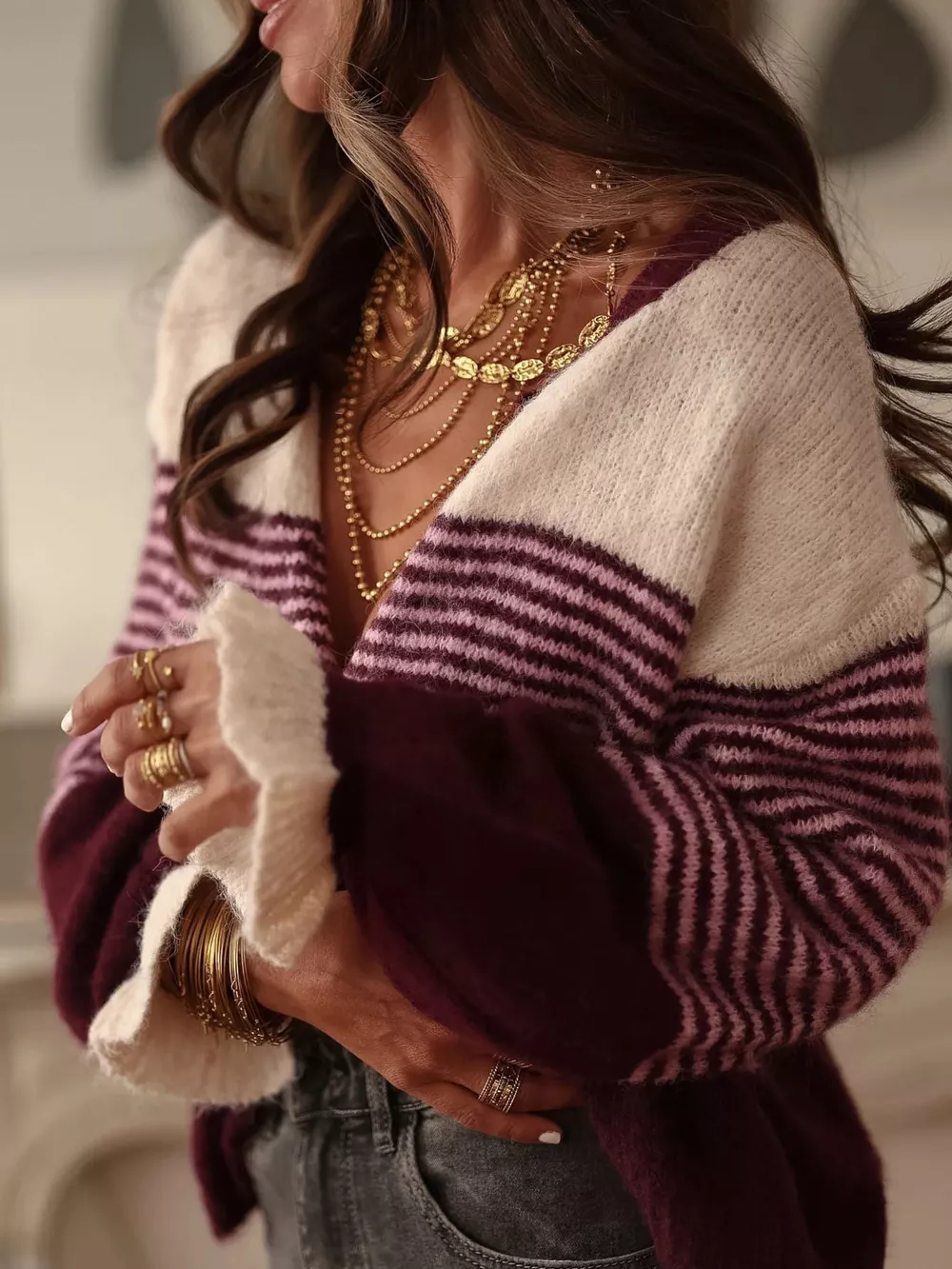 Striped Color-Block Button-Down Cardigan, image 10
