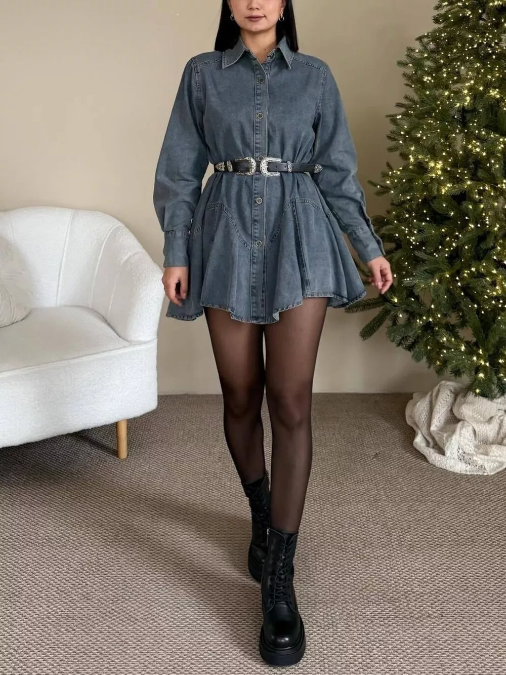 Vintage Washed Long Sleeve Denim Shirt Mini Dress