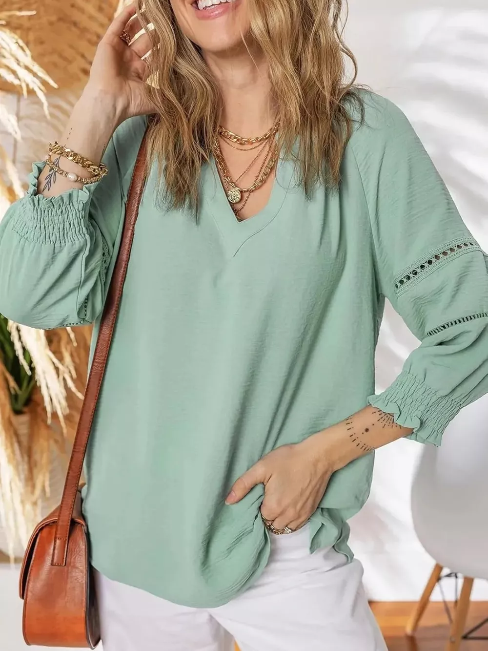 Solid Color Smocked Long Sleeve Blouse, image 14
