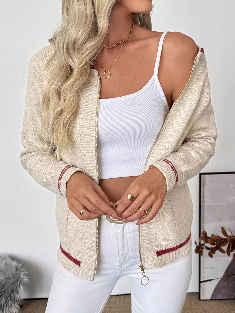 Zip Up Contrast Trim Cardigan, image 3