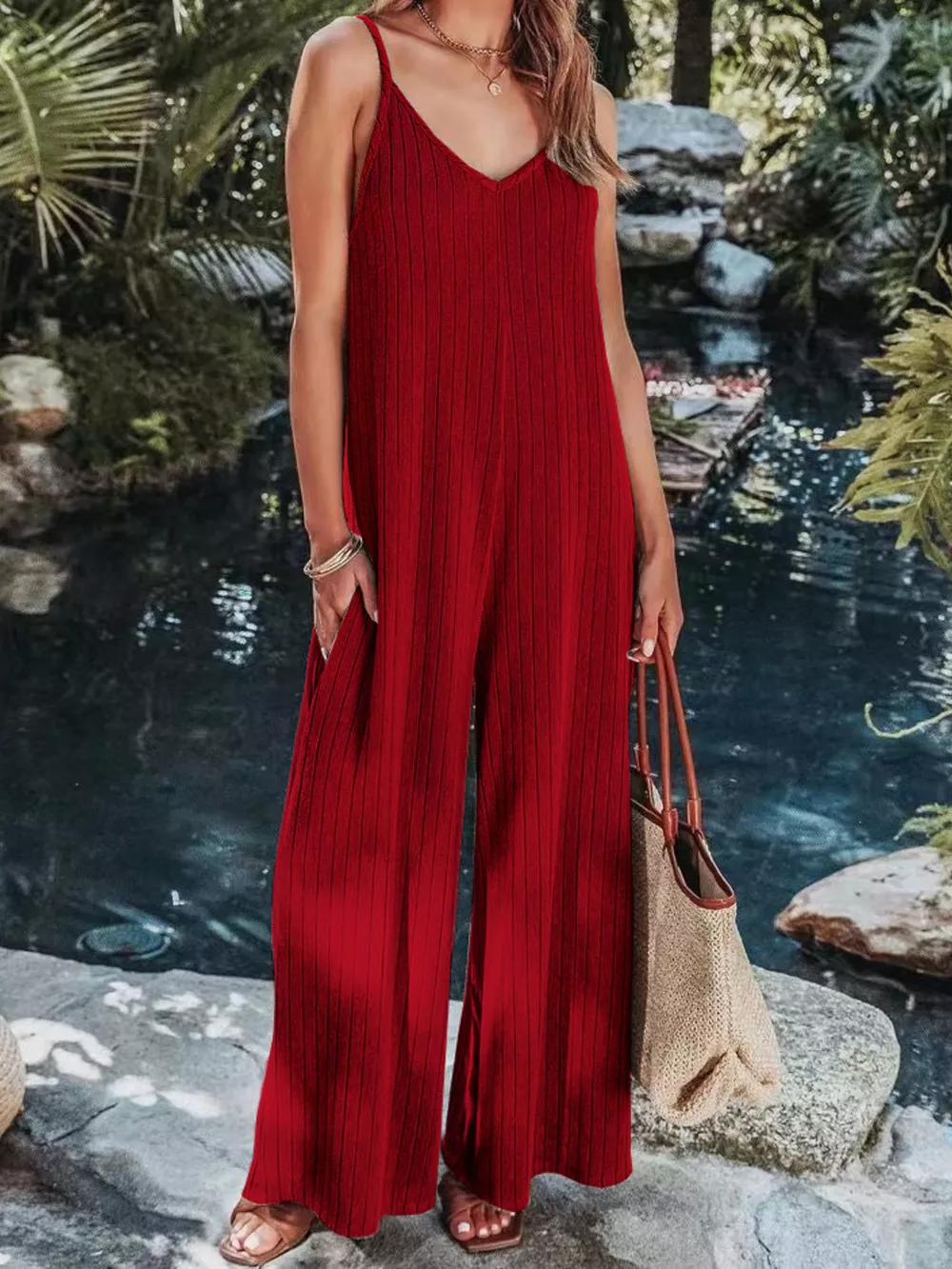 Ribbed V-Neck Wide Leg Jumpsuit, image 5