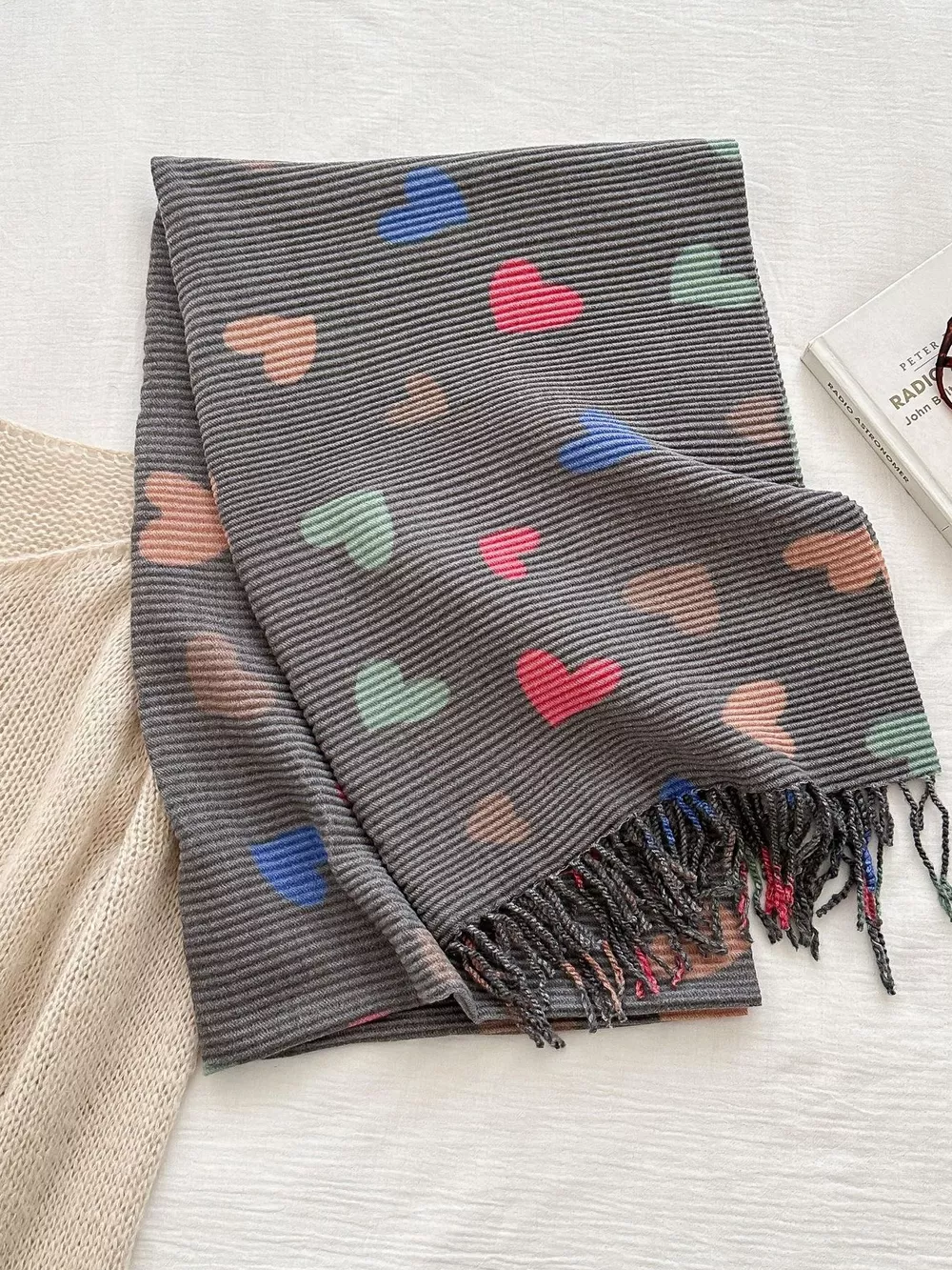 Heart Patterned Tassel Scarf