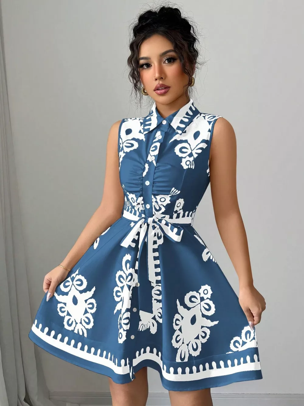 Sleeveless Ruched Printed Tie Waist Dress, image 6