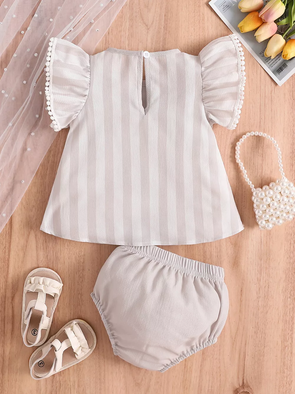 Children's Floral Embroidered Striped Top and Bottom Set, image 8